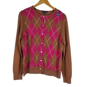 NEW Lands End Argyle Cardigan Sweater Women L Petite Brown Fit 2 Original Cotton